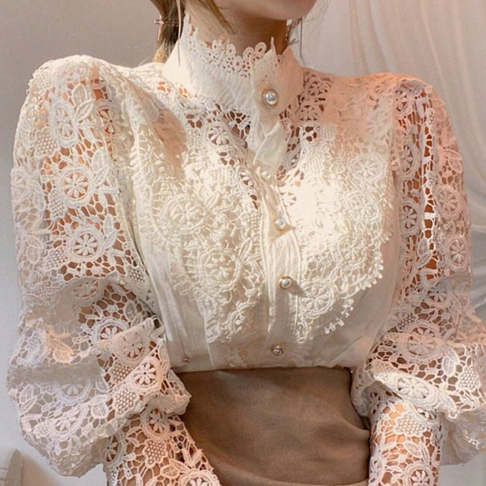 Apricot Elegant Women's Mock Neck Victorian Lace Puff Sleeve Shirt Blouse - Picture 1 of 4